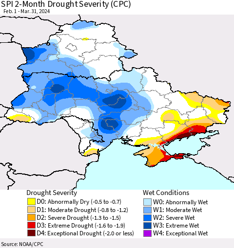 Ukraine, Moldova and Belarus SPI 2-Month Drought Severity (CPC) Thematic Map For 2/1/2024 - 3/31/2024