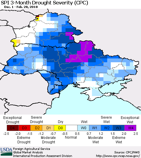 Ukraine, Moldova and Belarus SPI 3-Month Drought Severity (CPC) Thematic Map For 12/1/2017 - 2/28/2018
