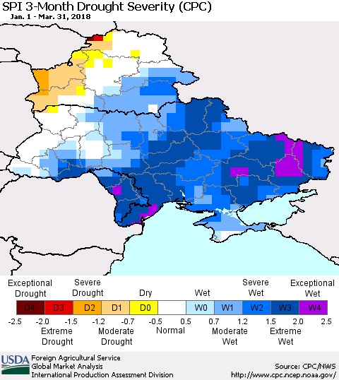 Ukraine, Moldova and Belarus SPI 3-Month Drought Severity (CPC) Thematic Map For 1/1/2018 - 3/31/2018