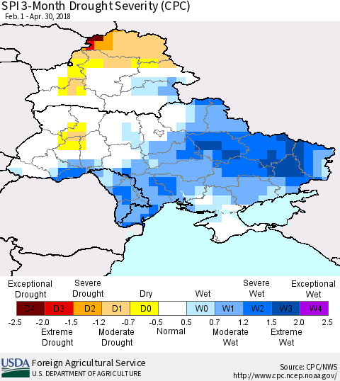 Ukraine, Moldova and Belarus SPI 3-Month Drought Severity (CPC) Thematic Map For 2/1/2018 - 4/30/2018