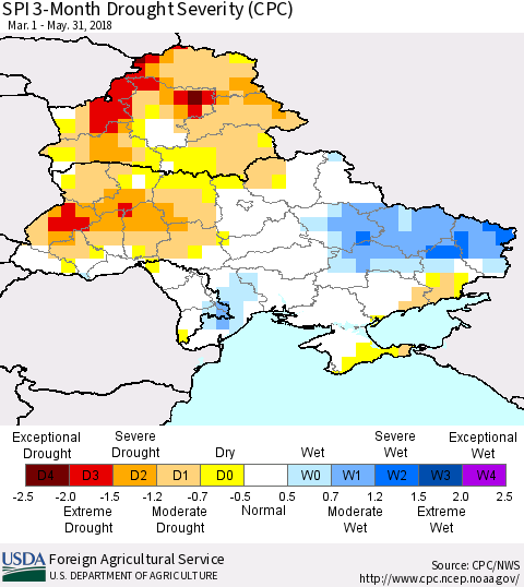 Ukraine, Moldova and Belarus SPI 3-Month Drought Severity (CPC) Thematic Map For 3/1/2018 - 5/31/2018