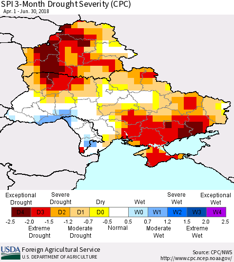 Ukraine, Moldova and Belarus SPI 3-Month Drought Severity (CPC) Thematic Map For 4/1/2018 - 6/30/2018