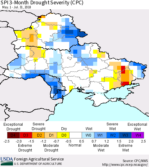 Ukraine, Moldova and Belarus SPI 3-Month Drought Severity (CPC) Thematic Map For 5/1/2018 - 7/31/2018