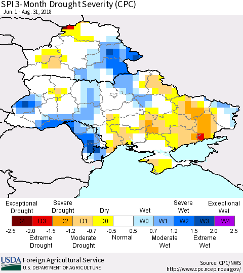 Ukraine, Moldova and Belarus SPI 3-Month Drought Severity (CPC) Thematic Map For 6/1/2018 - 8/31/2018