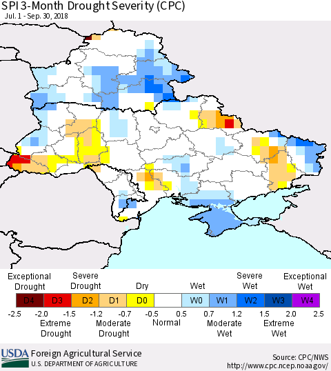 Ukraine, Moldova and Belarus SPI 3-Month Drought Severity (CPC) Thematic Map For 7/1/2018 - 9/30/2018