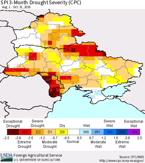 Ukraine, Moldova and Belarus SPI 3-Month Drought Severity (CPC) Thematic Map For 8/1/2018 - 10/31/2018