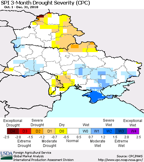 Ukraine, Moldova and Belarus SPI 3-Month Drought Severity (CPC) Thematic Map For 10/1/2018 - 12/31/2018
