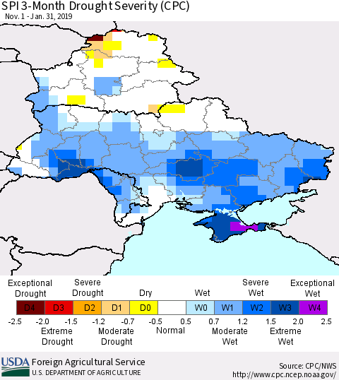 Ukraine, Moldova and Belarus SPI 3-Month Drought Severity (CPC) Thematic Map For 11/1/2018 - 1/31/2019