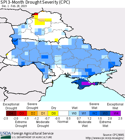 Ukraine, Moldova and Belarus SPI 3-Month Drought Severity (CPC) Thematic Map For 12/1/2018 - 2/28/2019