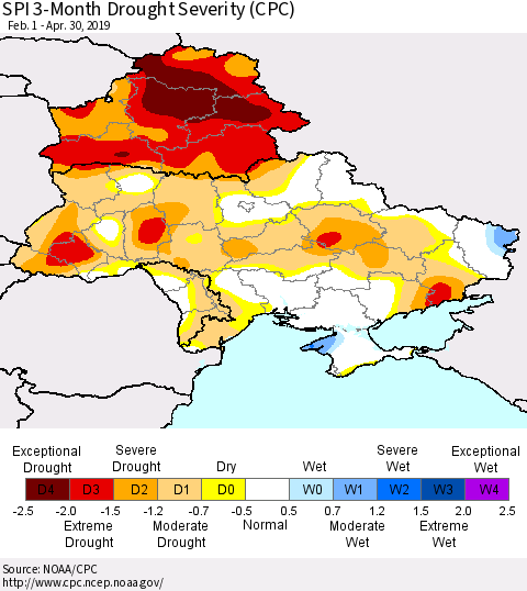 Ukraine, Moldova and Belarus SPI 3-Month Drought Severity (CPC) Thematic Map For 2/1/2019 - 4/30/2019