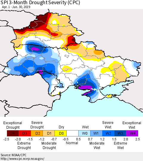 Ukraine, Moldova and Belarus SPI 3-Month Drought Severity (CPC) Thematic Map For 4/1/2019 - 6/30/2019