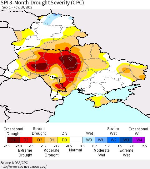 Ukraine, Moldova and Belarus SPI 3-Month Drought Severity (CPC) Thematic Map For 9/1/2019 - 11/30/2019