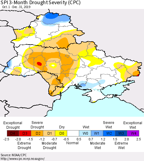 Ukraine, Moldova and Belarus SPI 3-Month Drought Severity (CPC) Thematic Map For 10/1/2019 - 12/31/2019
