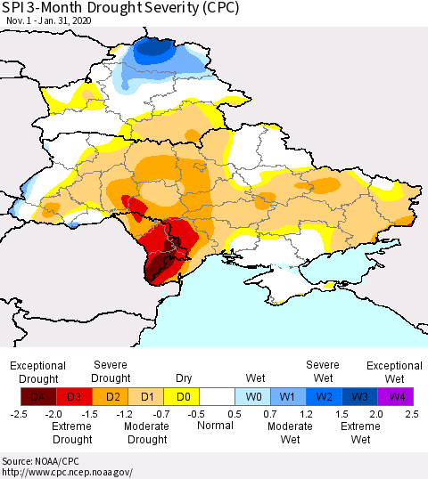 Ukraine, Moldova and Belarus SPI 3-Month Drought Severity (CPC) Thematic Map For 11/1/2019 - 1/31/2020