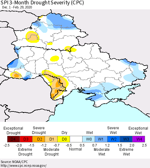 Ukraine, Moldova and Belarus SPI 3-Month Drought Severity (CPC) Thematic Map For 12/1/2019 - 2/29/2020