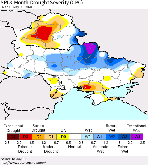 Ukraine, Moldova and Belarus SPI 3-Month Drought Severity (CPC) Thematic Map For 3/1/2020 - 5/31/2020