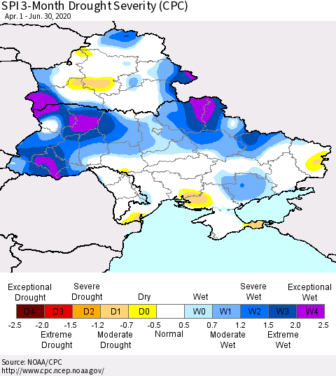 Ukraine, Moldova and Belarus SPI 3-Month Drought Severity (CPC) Thematic Map For 4/1/2020 - 6/30/2020
