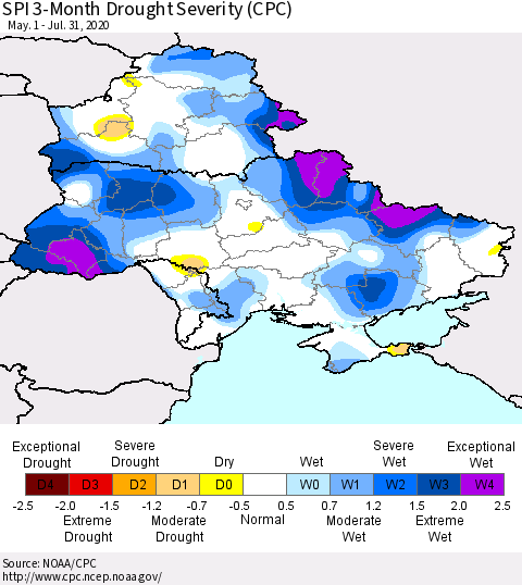Ukraine, Moldova and Belarus SPI 3-Month Drought Severity (CPC) Thematic Map For 5/1/2020 - 7/31/2020