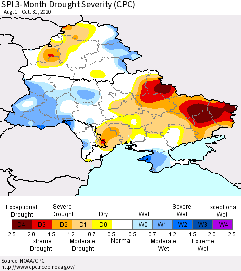 Ukraine, Moldova and Belarus SPI 3-Month Drought Severity (CPC) Thematic Map For 8/1/2020 - 10/31/2020