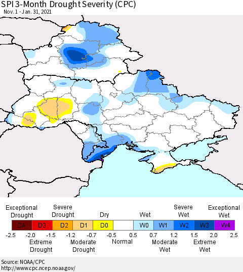 Ukraine, Moldova and Belarus SPI 3-Month Drought Severity (CPC) Thematic Map For 11/1/2020 - 1/31/2021