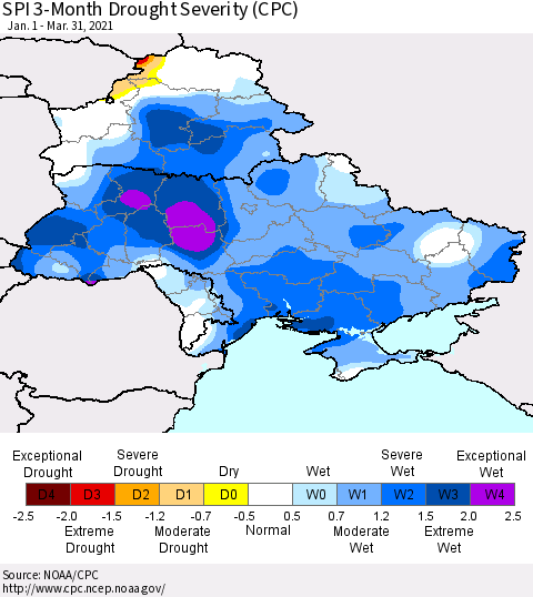 Ukraine, Moldova and Belarus SPI 3-Month Drought Severity (CPC) Thematic Map For 1/1/2021 - 3/31/2021