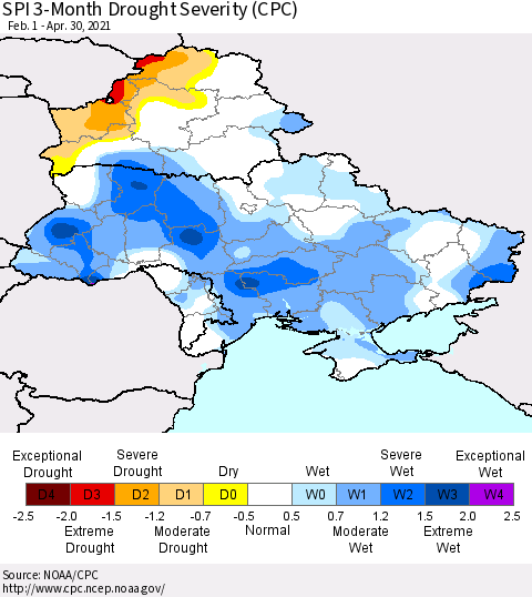 Ukraine, Moldova and Belarus SPI 3-Month Drought Severity (CPC) Thematic Map For 2/1/2021 - 4/30/2021