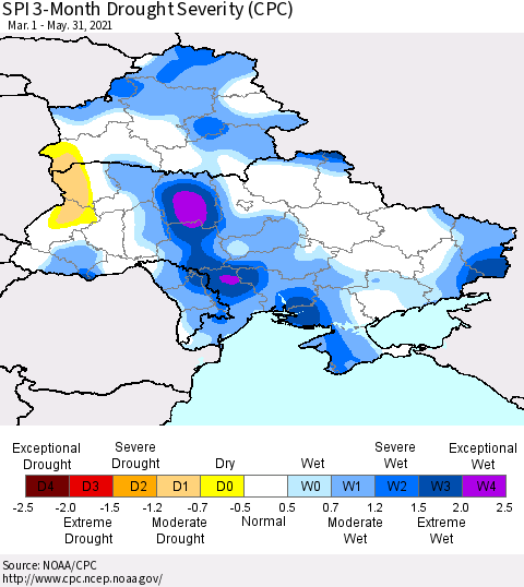Ukraine, Moldova and Belarus SPI 3-Month Drought Severity (CPC) Thematic Map For 3/1/2021 - 5/31/2021