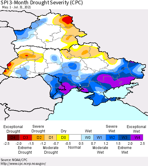 Ukraine, Moldova and Belarus SPI 3-Month Drought Severity (CPC) Thematic Map For 5/1/2021 - 7/31/2021