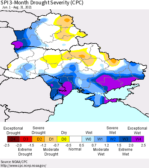 Ukraine, Moldova and Belarus SPI 3-Month Drought Severity (CPC) Thematic Map For 6/1/2021 - 8/31/2021