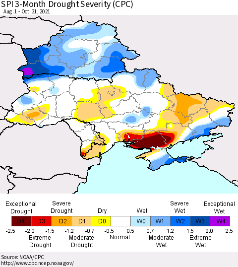 Ukraine, Moldova and Belarus SPI 3-Month Drought Severity (CPC) Thematic Map For 8/1/2021 - 10/31/2021