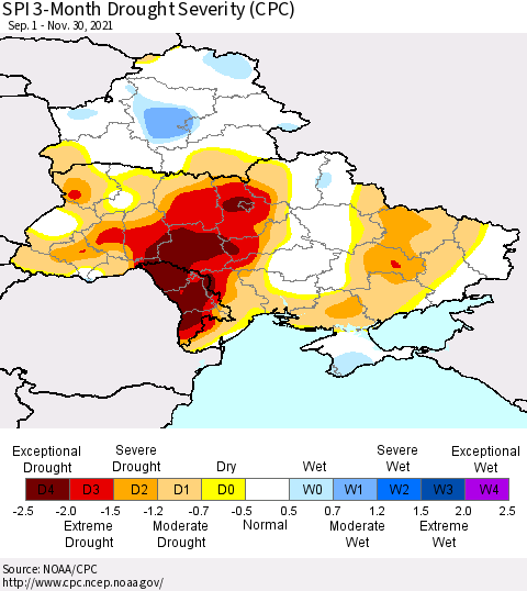 Ukraine, Moldova and Belarus SPI 3-Month Drought Severity (CPC) Thematic Map For 9/1/2021 - 11/30/2021