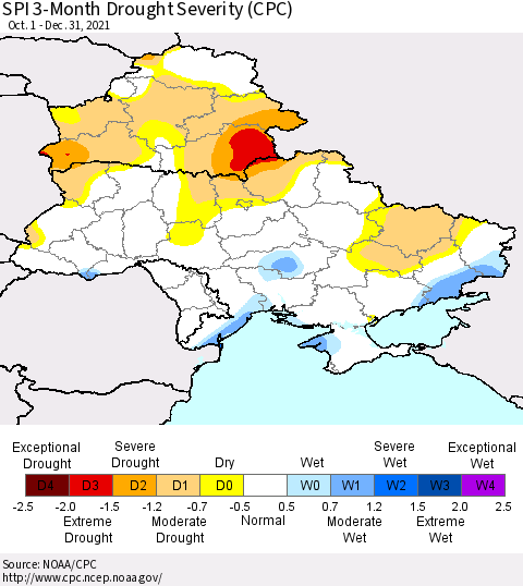 Ukraine, Moldova and Belarus SPI 3-Month Drought Severity (CPC) Thematic Map For 10/1/2021 - 12/31/2021