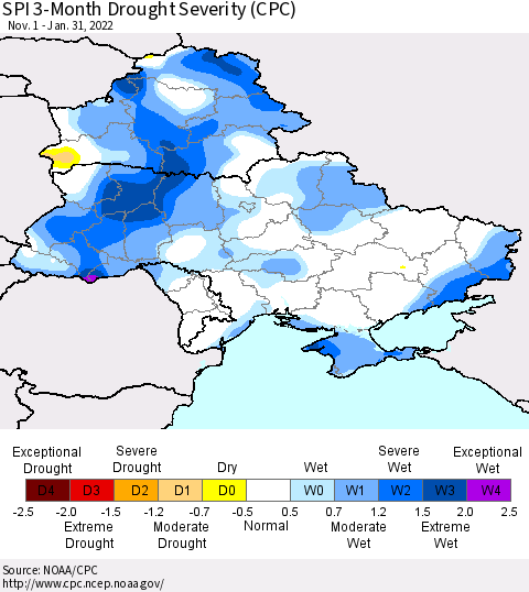 Ukraine, Moldova and Belarus SPI 3-Month Drought Severity (CPC) Thematic Map For 11/1/2021 - 1/31/2022