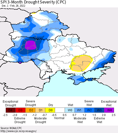 Ukraine, Moldova and Belarus SPI 3-Month Drought Severity (CPC) Thematic Map For 12/1/2021 - 2/28/2022