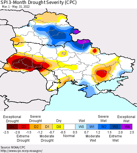 Ukraine, Moldova and Belarus SPI 3-Month Drought Severity (CPC) Thematic Map For 3/1/2022 - 5/31/2022