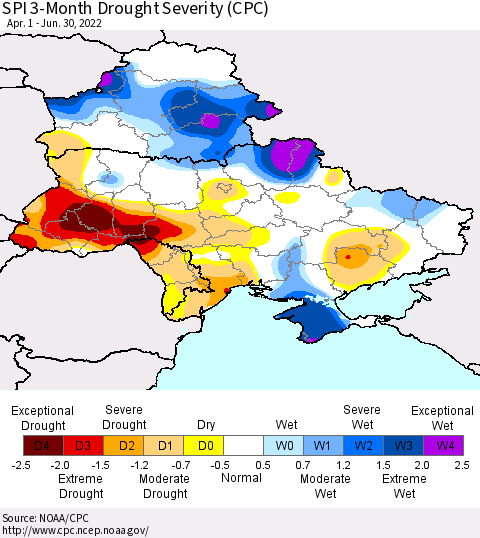 Ukraine, Moldova and Belarus SPI 3-Month Drought Severity (CPC) Thematic Map For 4/1/2022 - 6/30/2022