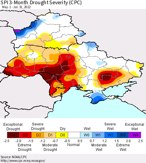 Ukraine, Moldova and Belarus SPI 3-Month Drought Severity (CPC) Thematic Map For 5/1/2022 - 7/31/2022