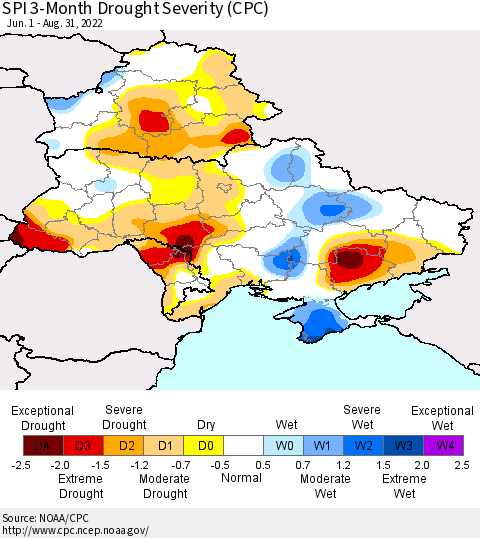Ukraine, Moldova and Belarus SPI 3-Month Drought Severity (CPC) Thematic Map For 6/1/2022 - 8/31/2022