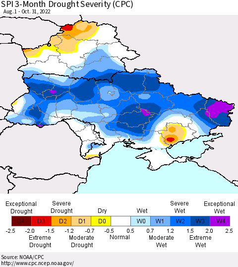 Ukraine, Moldova and Belarus SPI 3-Month Drought Severity (CPC) Thematic Map For 8/1/2022 - 10/31/2022