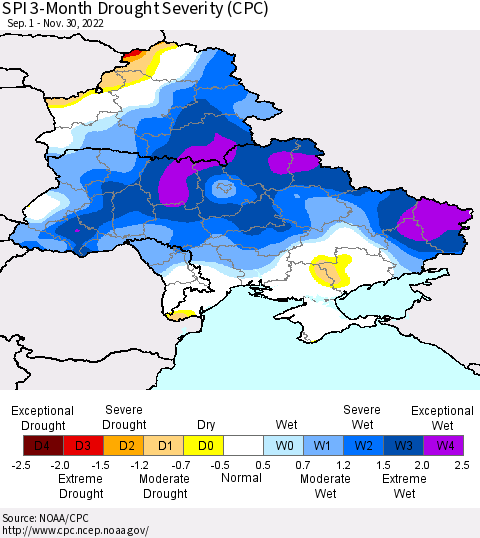Ukraine, Moldova and Belarus SPI 3-Month Drought Severity (CPC) Thematic Map For 9/1/2022 - 11/30/2022
