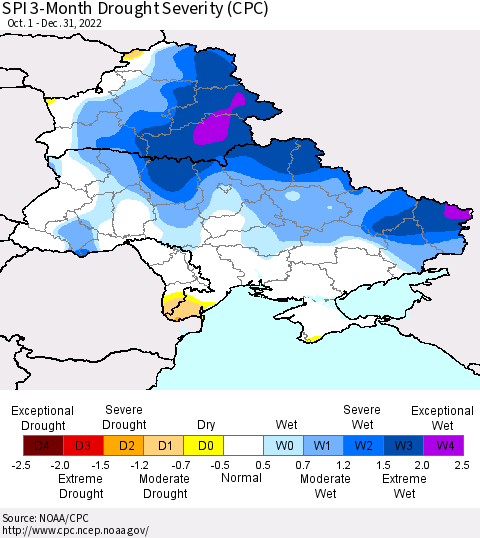 Ukraine, Moldova and Belarus SPI 3-Month Drought Severity (CPC) Thematic Map For 10/1/2022 - 12/31/2022