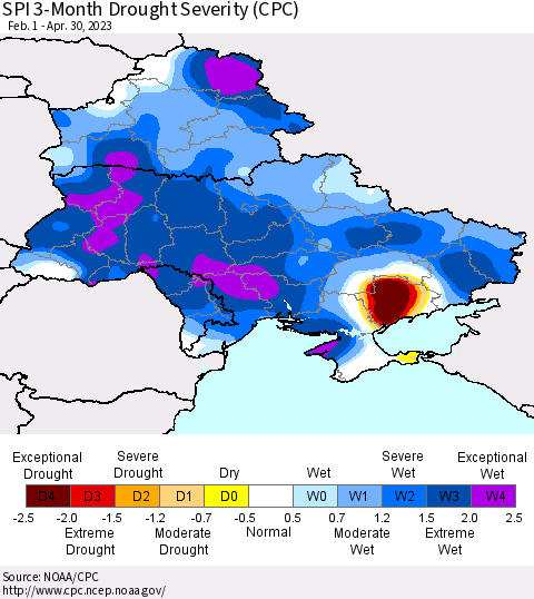 Ukraine, Moldova and Belarus SPI 3-Month Drought Severity (CPC) Thematic Map For 2/1/2023 - 4/30/2023