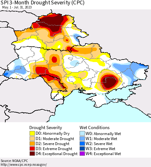 Ukraine, Moldova and Belarus SPI 3-Month Drought Severity (CPC) Thematic Map For 5/1/2023 - 7/31/2023