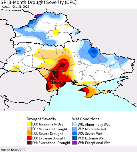 Ukraine, Moldova and Belarus SPI 3-Month Drought Severity (CPC) Thematic Map For 8/1/2023 - 10/31/2023