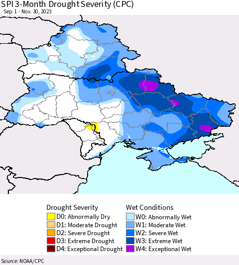 Ukraine, Moldova and Belarus SPI 3-Month Drought Severity (CPC) Thematic Map For 9/1/2023 - 11/30/2023