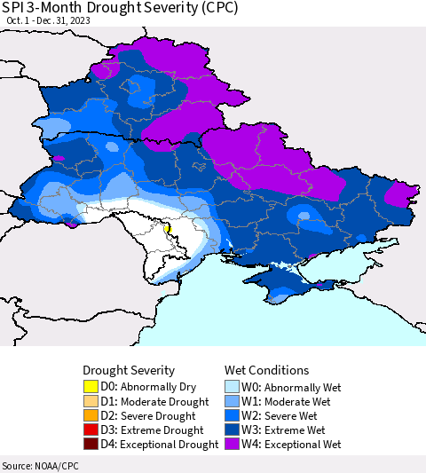 Ukraine, Moldova and Belarus SPI 3-Month Drought Severity (CPC) Thematic Map For 10/1/2023 - 12/31/2023