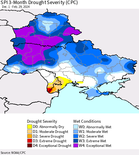 Ukraine, Moldova and Belarus SPI 3-Month Drought Severity (CPC) Thematic Map For 12/1/2023 - 2/29/2024