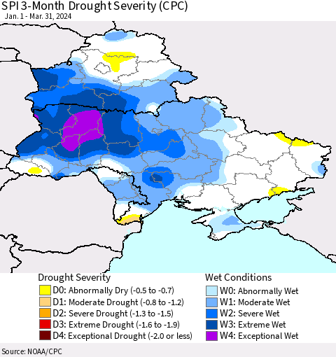 Ukraine, Moldova and Belarus SPI 3-Month Drought Severity (CPC) Thematic Map For 1/1/2024 - 3/31/2024