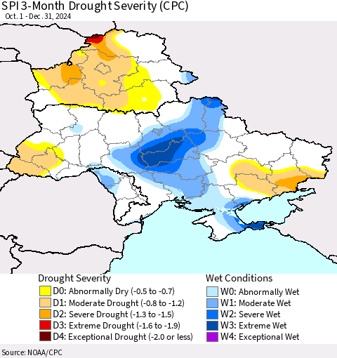Ukraine, Moldova and Belarus SPI 3-Month Drought Severity (CPC) Thematic Map For 10/1/2024 - 12/31/2024
