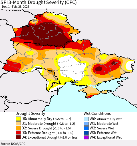 Ukraine, Moldova and Belarus SPI 3-Month Drought Severity (CPC) Thematic Map For 12/1/2024 - 2/28/2025